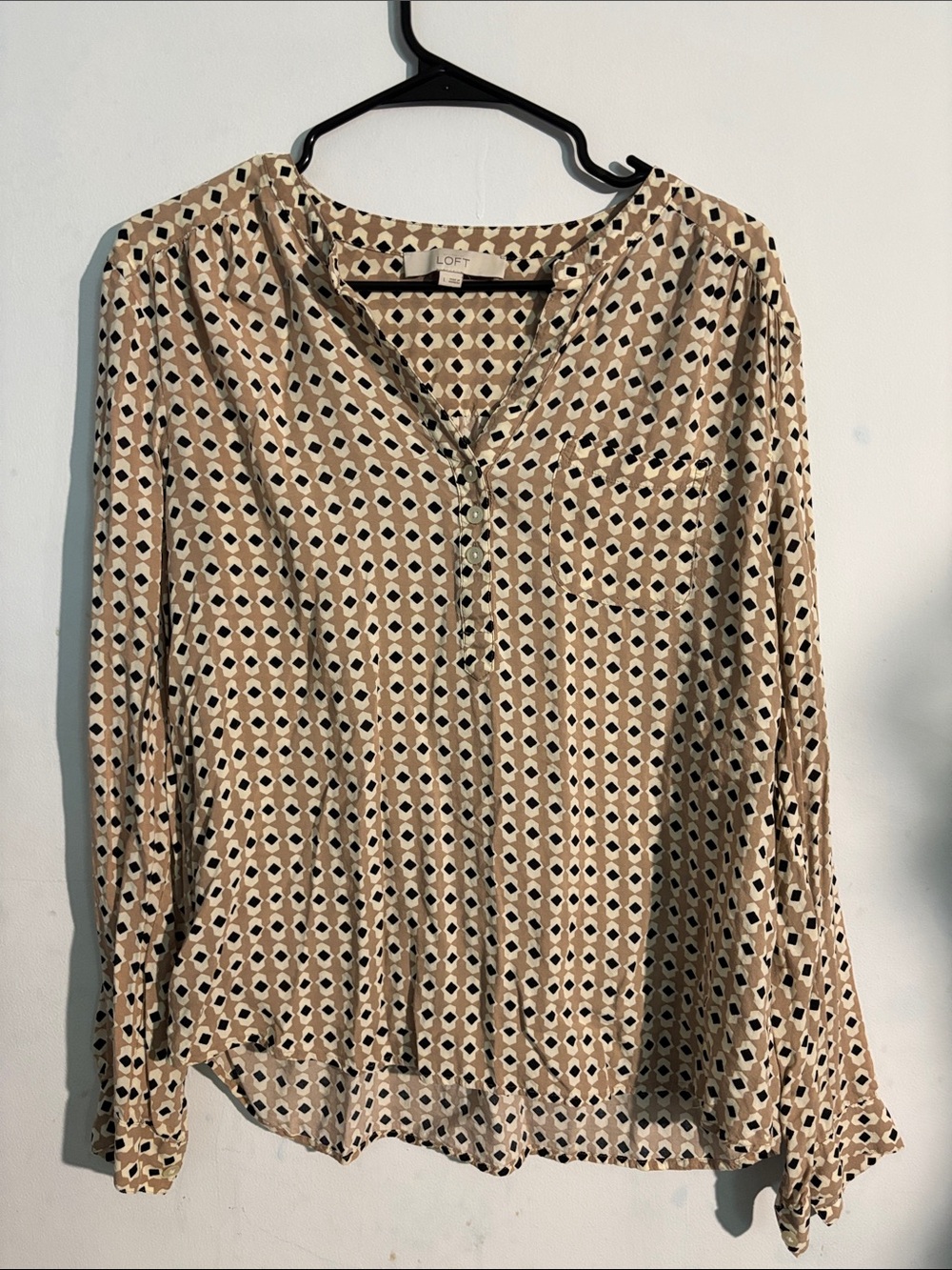 LOFT Tan and Black Geometric Print Henley Blouse